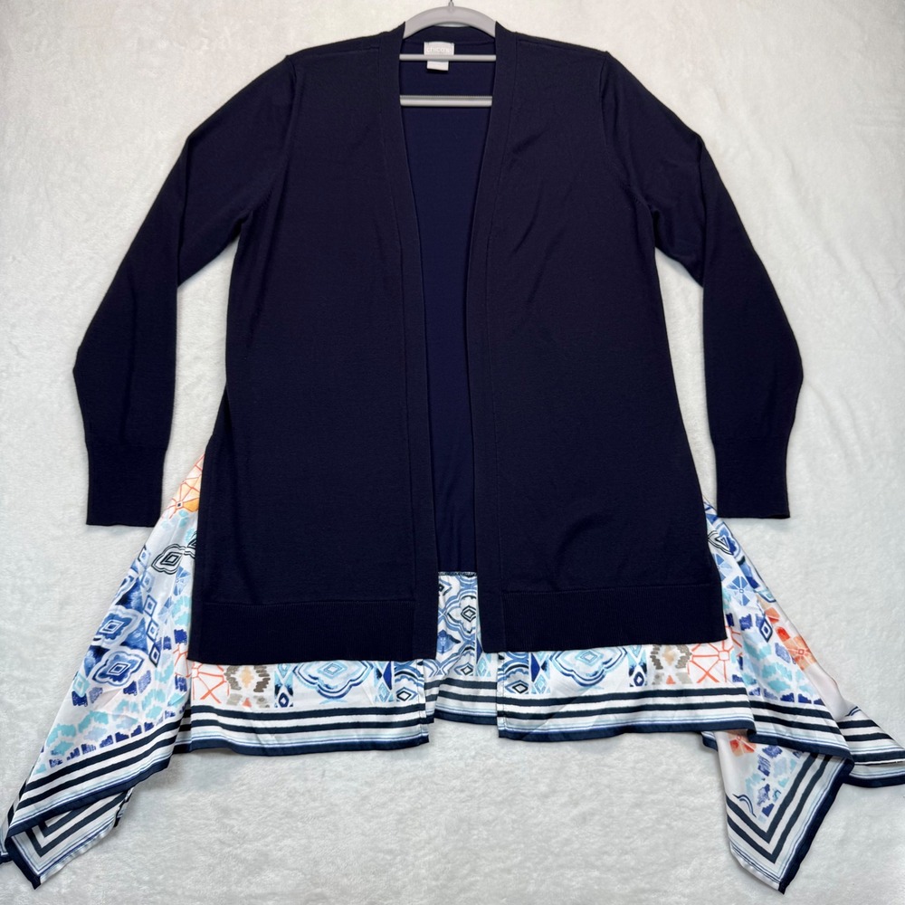 Chico's Open Front Cardigan Duster Scarf Hem Blue Print Trim Knit Size 0 US S